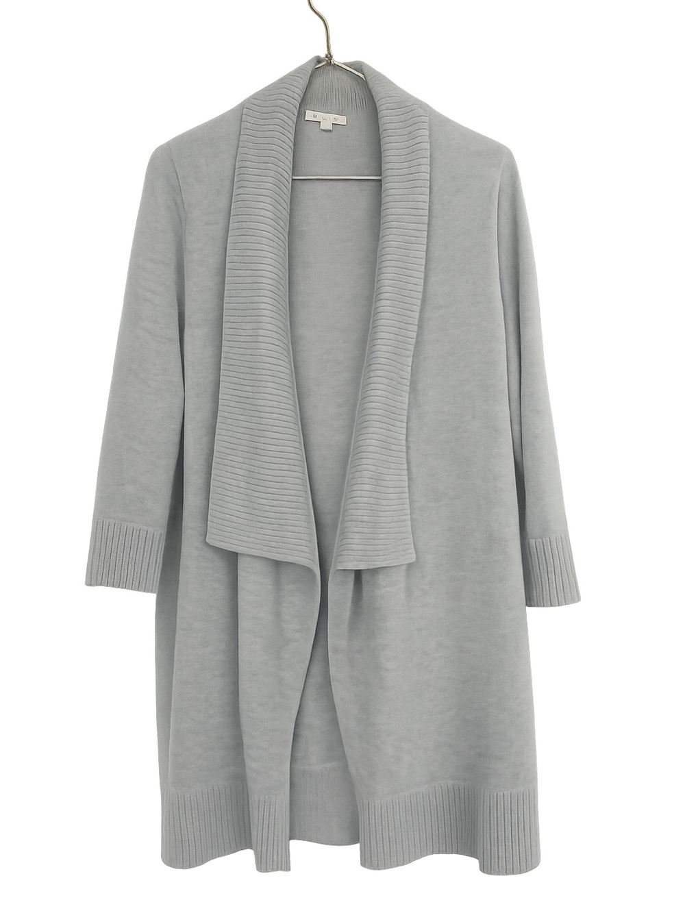 Eileen Fisher organic cotton, ribbed, long waterfall collar, size S, light gray